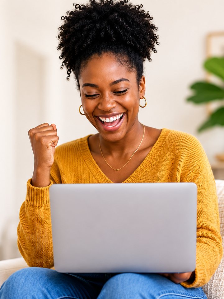 A delighted Nigerian businesswoman celebrating a successful disbursement on YT Finance